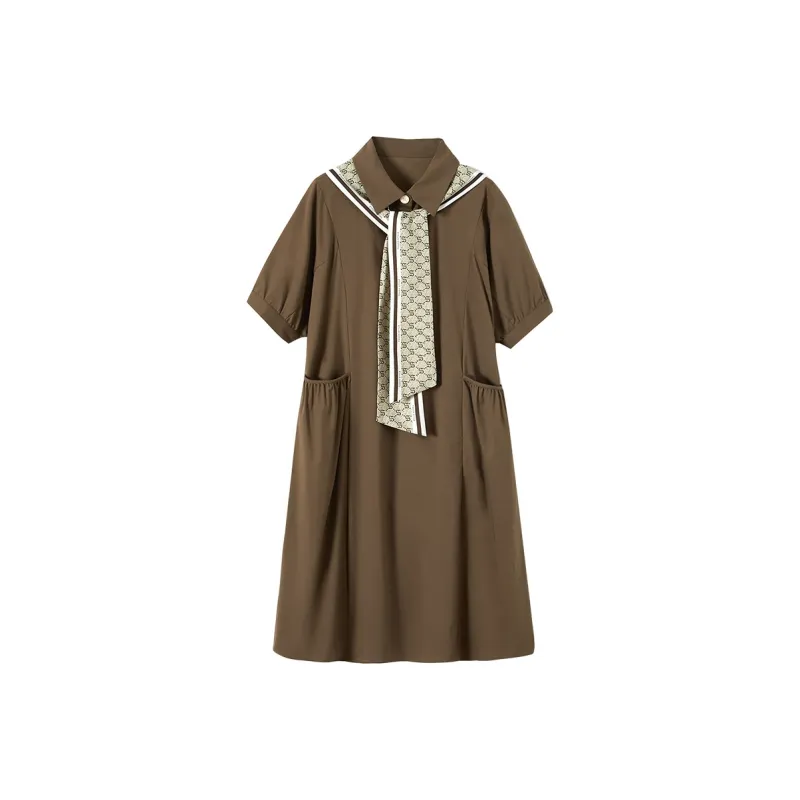TOUCH Short Sleeved Dresses Women's Coffee+Dark Coffee Letter Shawl-0