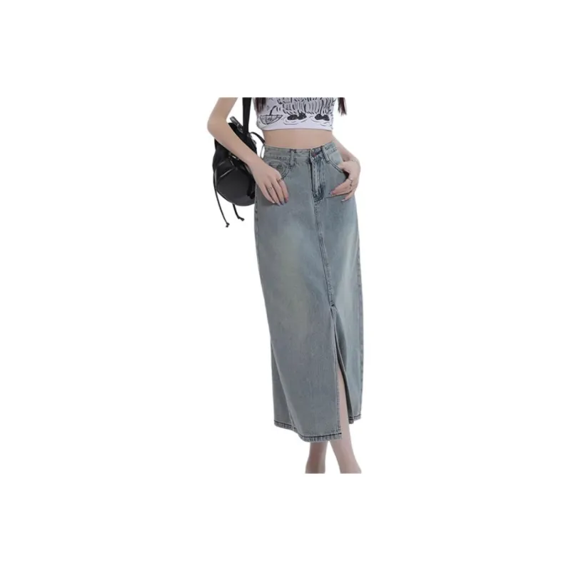 SONGS ALONG Denim Long Skirts Women's Nostalgic Blue-0