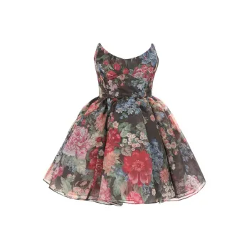 Selkie Collection SS24 Sleeveless Dress Women's Black Background Vibrant Garden Print