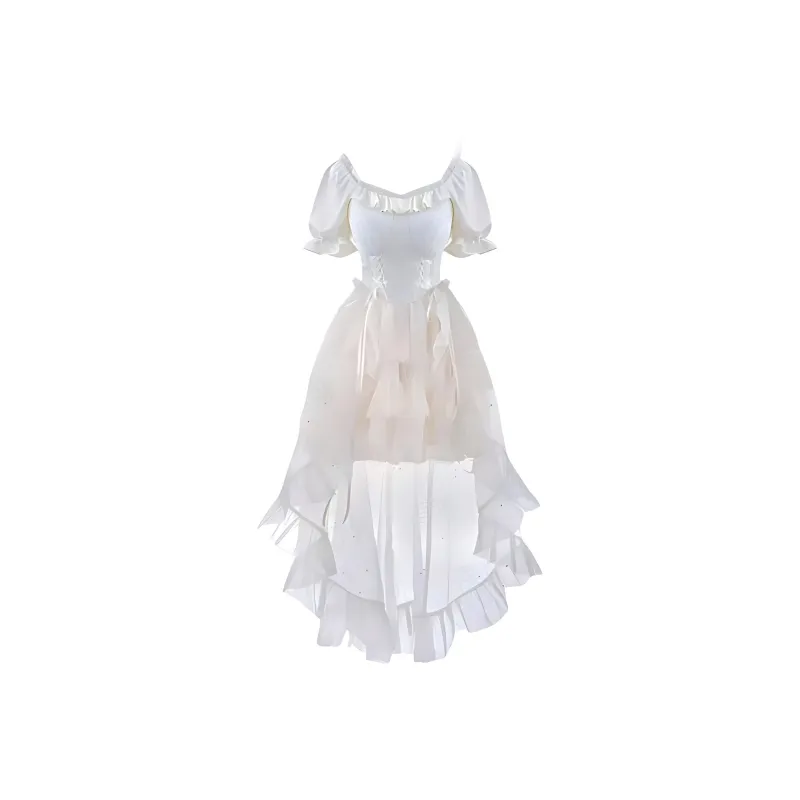 CZMO Short Sleeved Dress Women's Apricot Dress+Detachable Skirt Hem+Large Bowknot-0