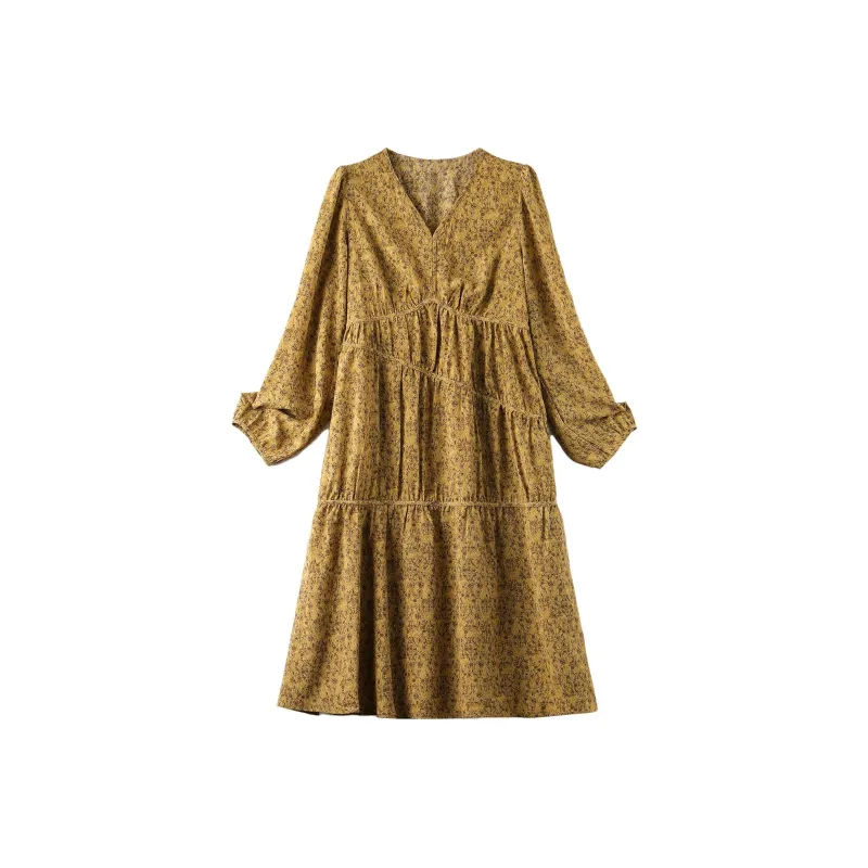 EPIELE Long-Sleeved Dresses Women's Yellow Flower-0