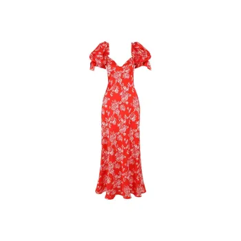 Selkie Collection SS25 Short Sleeved Dresses Women's Red Background With Rose Print