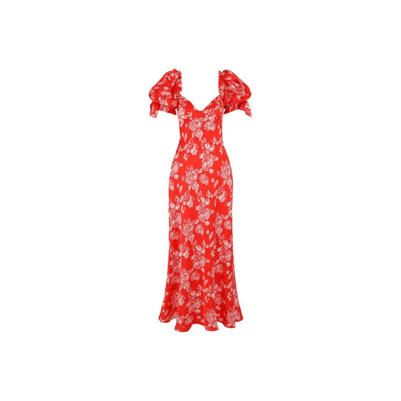 Selkie Collection SS25 Short Sleeved Dresses Women's Red Background With Rose Print-0