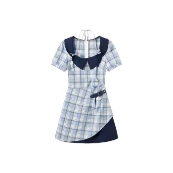 DOKZB Short Sleeved Dress Women's Blue Plaid
