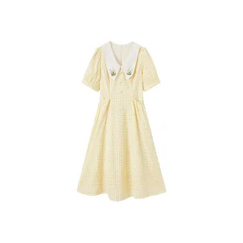 EICHITOO Short-Sleeved Dresses Women's Light Yellow Plaid