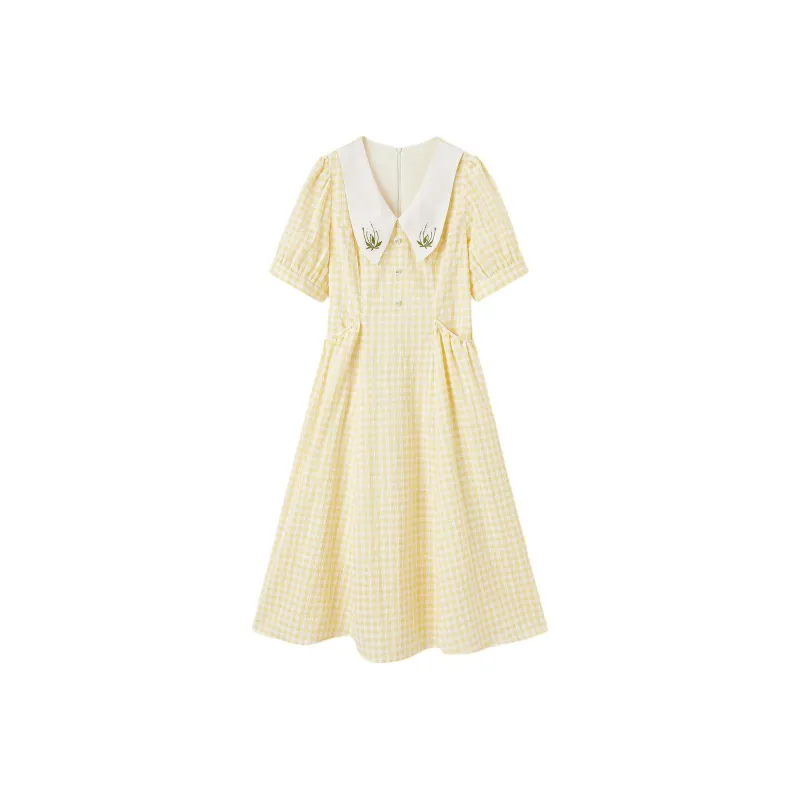EICHITOO Short Sleeved Dress Women's Light Yellow Plaid-0