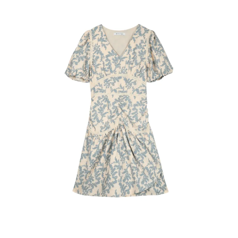MISHOW Short-Sleeved Dresses Women's Apricot Base With Blue Flowers-0