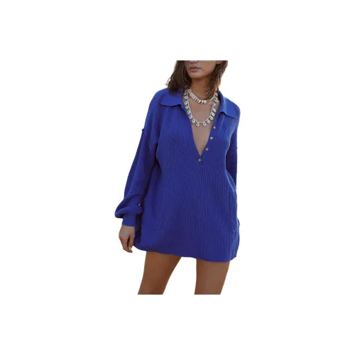FREE PEOPLE Picnic Sweater Mini Dress Long-Sleeved Dresses Women's Electric Indigo/Ethylene Blue
