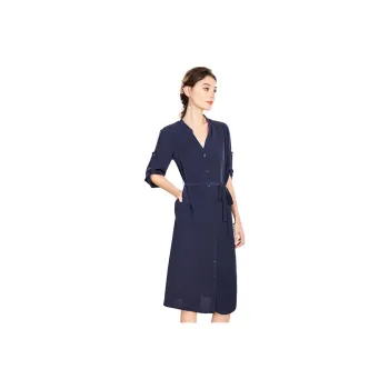 Yi Mengyuan Silk Long-Sleeved Dress Women's Navy Blue