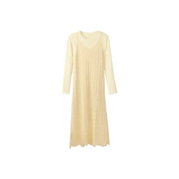 Fstudio Early Spring Korean Style Knitted Fabric Camisole Elegance Long Sleeved Dress Women's Yellow