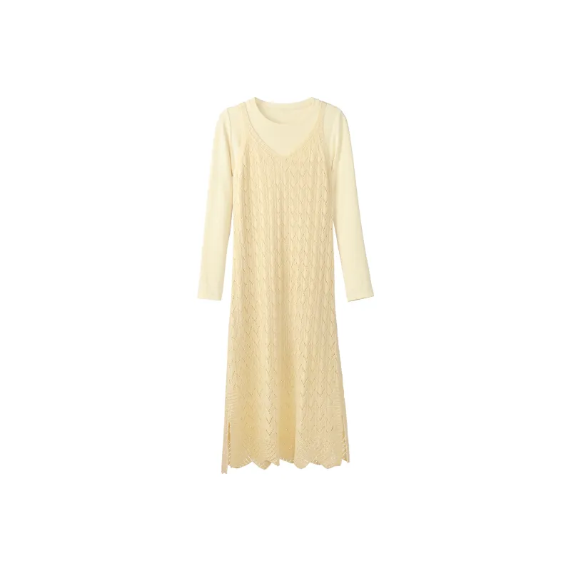 Fstudio Early Spring Korean Style Knitted Fabric Camisole Elegance Long Sleeved Dress Women's Yellow-0