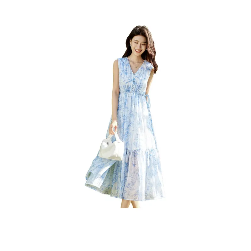 SENTUBILA Sleeveless Dresses Women's Blue Floral-0