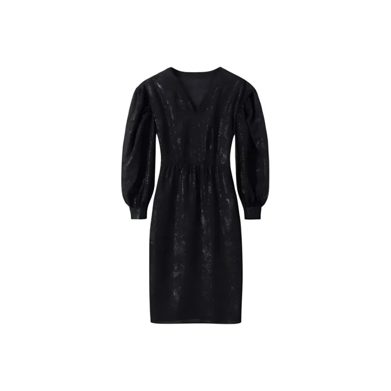 SHUXI Long-Sleeved Dresses Women's Glittery Black-0