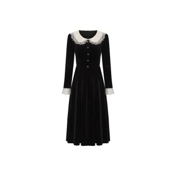 CHIWAWAMEME Long Sleeved Dress Women's Velour Black & Apricot