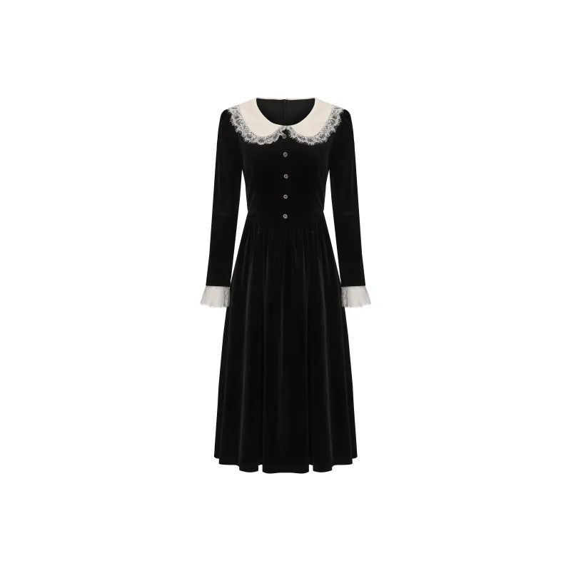 CHIWAWAMEME Long Sleeved Dress Women's Velour Black & Apricot-0