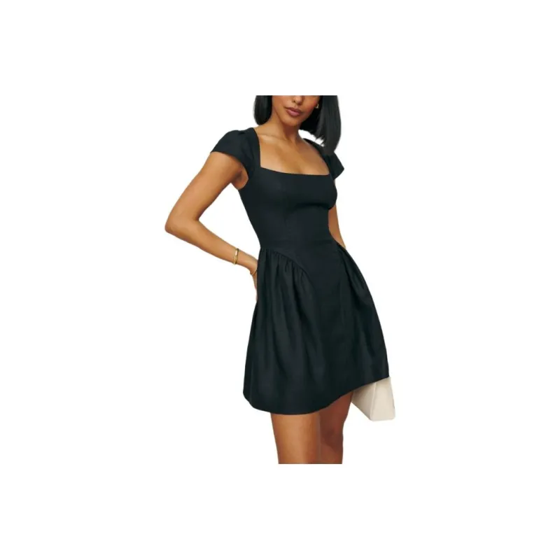 REFORMATION Oaklyn Linen Dress Short Sleeved Dress Women's Black-0