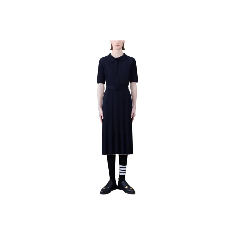 THOM BROWNE· Wide Rib Boiled Merino Polo Dress Short Sleeved Dress Women's Black-0