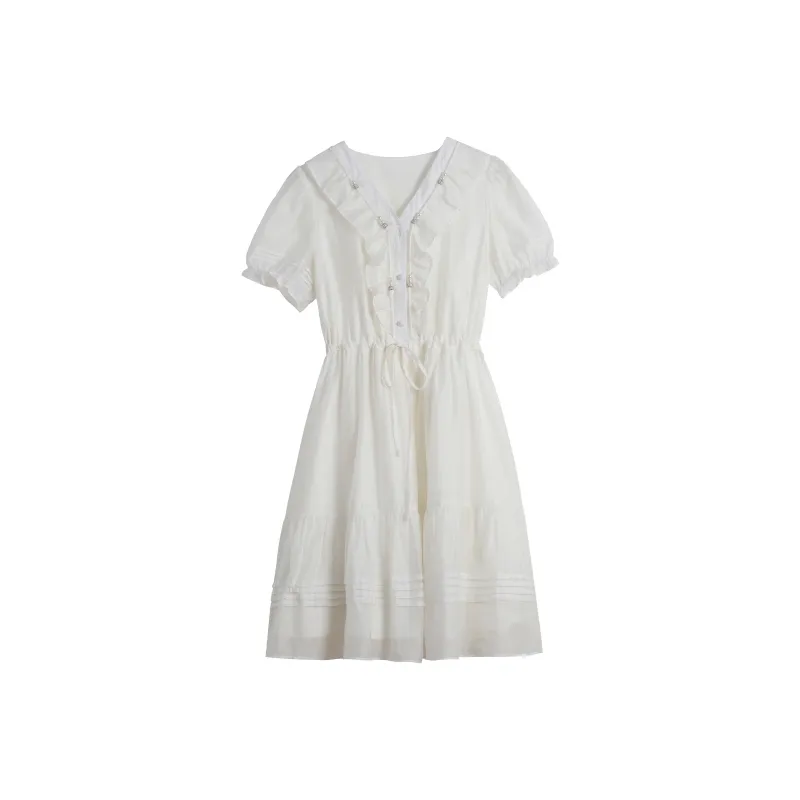 HUULOB Short-Sleeved Dresses Women's White-0