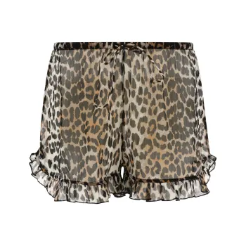 GANNI Leopard Printed Chiffon Ruffle Shorts