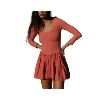 FREE PEOPLE Onda Drop-Waist Long-Sleeve Mini Long-Sleeved Dresses Women's Red Mango Color