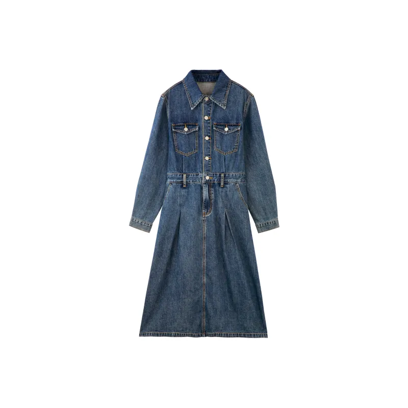 BASIC HOUSE Long-Sleeved Dresses Women's Denim Blue-0