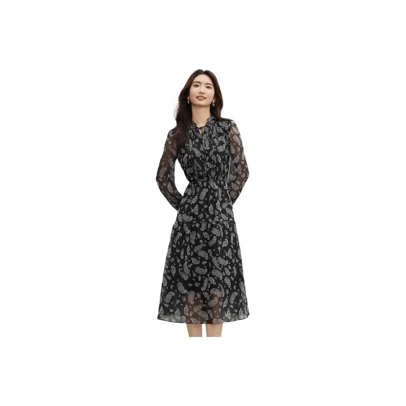 Hopeshow Long Sleeved Dress Women's Black With Floral-0