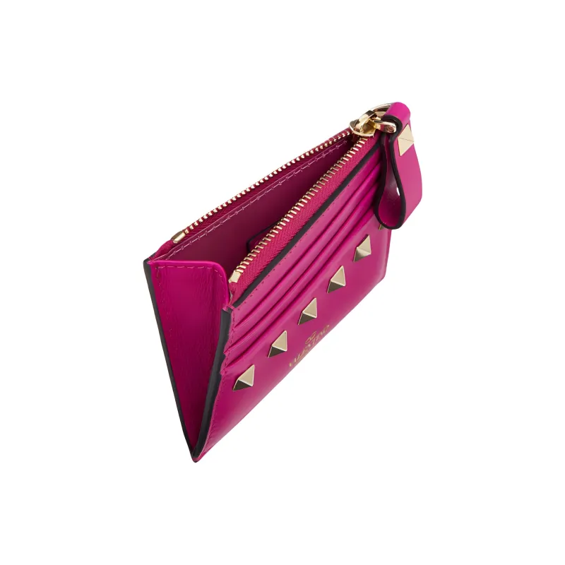 Valentino ROCKSTUD Smooth Calf Leather Coin Purses Card Holders Women's Fuchsia-2