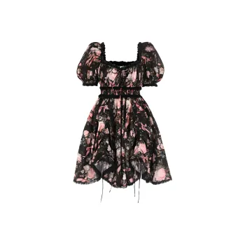Selkie Collection Short Sleeved Dress Women's Black With Pink Satin Ribbon Rose Print