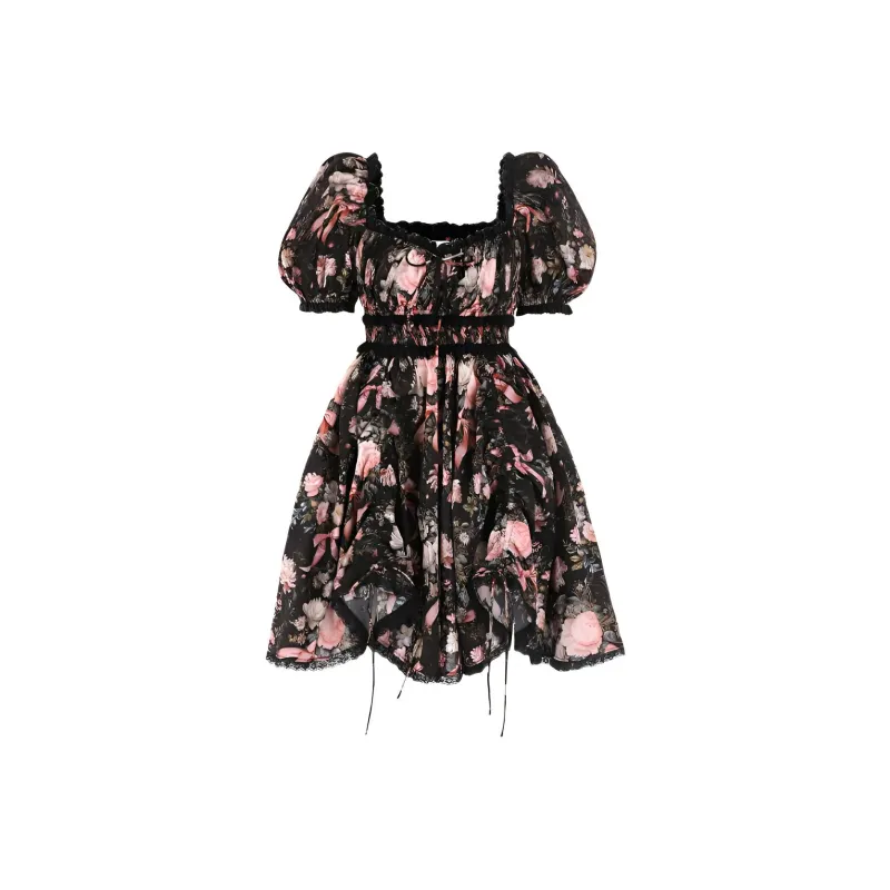 Selkie Collection Short Sleeved Dress Women's Black With Pink Velvet Ribbon Rose Print-0