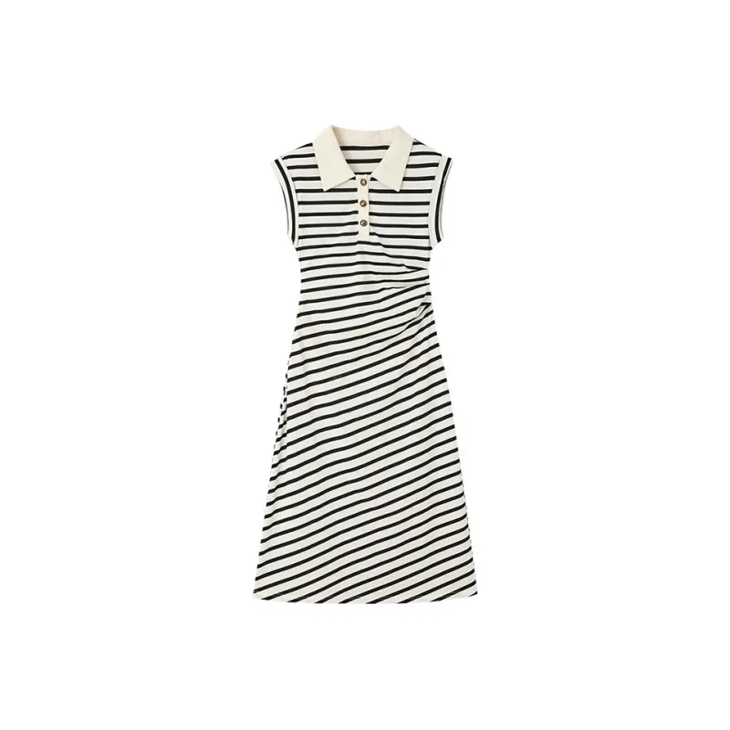 HDFULERN Sleeveless Dress Women's Black White Stripes-0