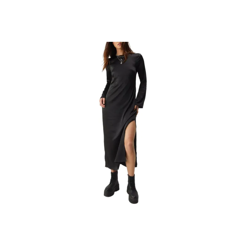 NASTY GAL Textured Satin Column Midi Dress Long-Sleeved Dresses Women's Black-0
