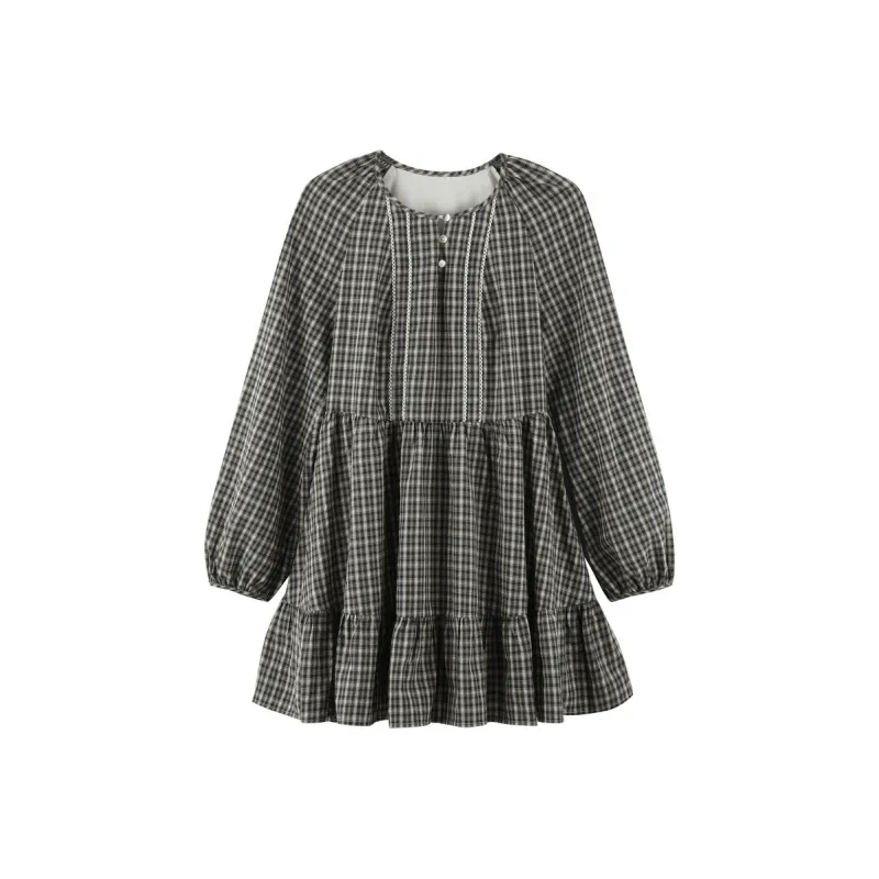 LEDIN Long Sleeved Dresses Women's Black White Plaid-0
