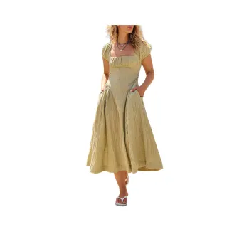 FREE PEOPLE Ciara Pucker Check Midi Short-Sleeved Dresses Women's Washed Sage/Washable Sage Green