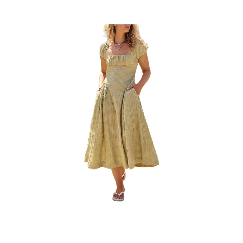 FREE PEOPLE Ciara Pucker Check Midi Short-Sleeved Dresses Women's Washed Sage/Washable Sage Green-0