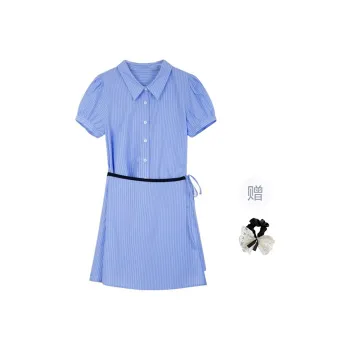 TUSHIFEI Short Sleeved Dress Women's Blue Stripes Pattern+Hair Tie Comes With