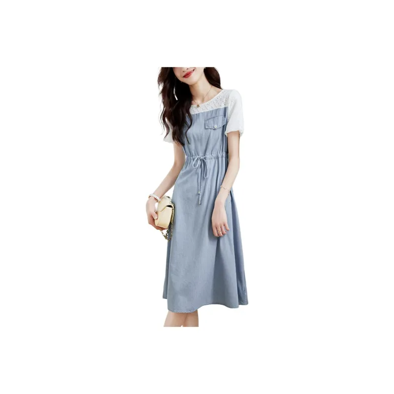 Mo Han Yi Mei Short Sleeved Dresses Women's Denim Blue-0