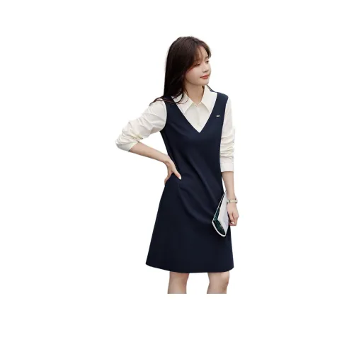 Mo Han Yi Mei Long Sleeved Dresses Women's Navy Blue & White