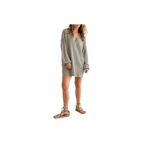 FREE PEOPLE Picnic Sweater Mini Dress Long-Sleeved Dresses Women's Salt Water Khaki