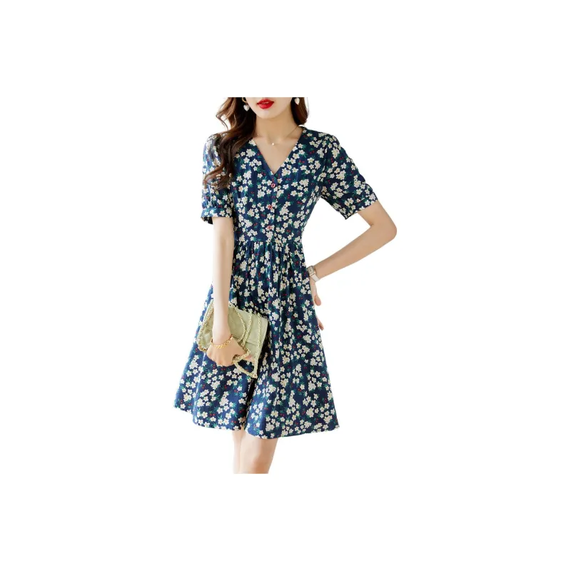 Still Quiet Short Sleeved Dresses Women's Navy Blue-0