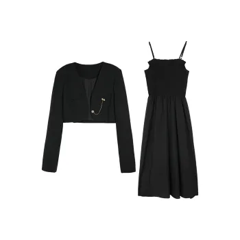 3COLOUR Two Piece Skirt Sets Women's Clothing Set Black Coat+Camisole Dress
