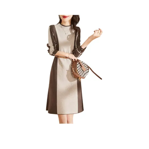 Mo Han Yi Mei Long Sleeved Dresses Women's Ecru & Coffee