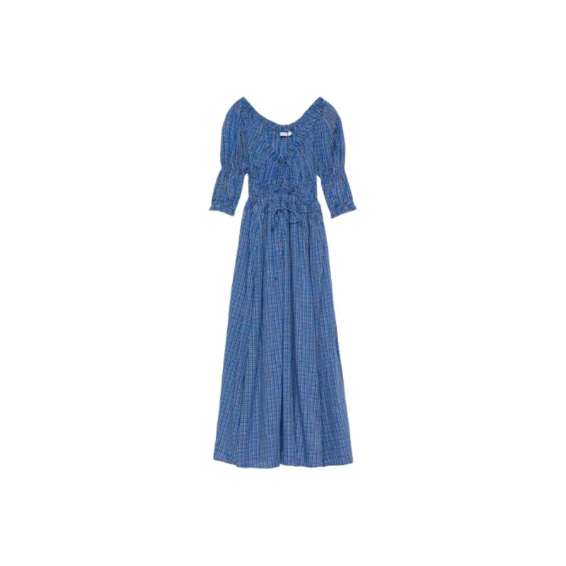 DOEN ISCHIA DRESS Short Sleeved Dress Women's Blue Plaid-0