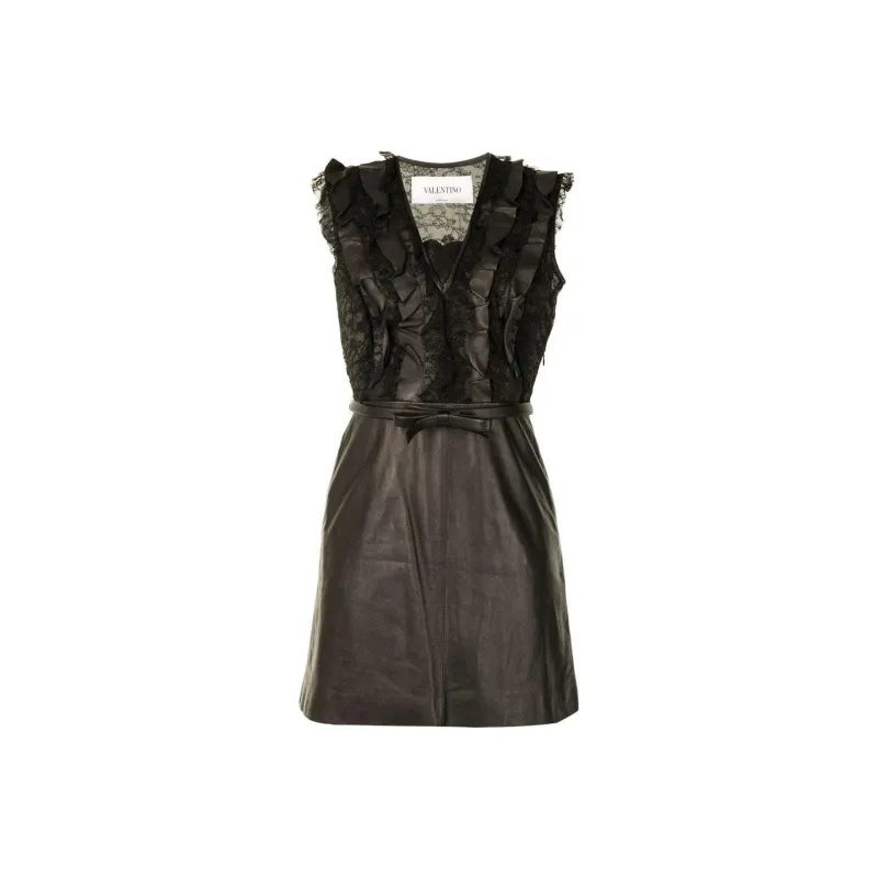Valentino Garavani Pre-Owned Ruffled Detailing Sleeveless Leather Dress-0