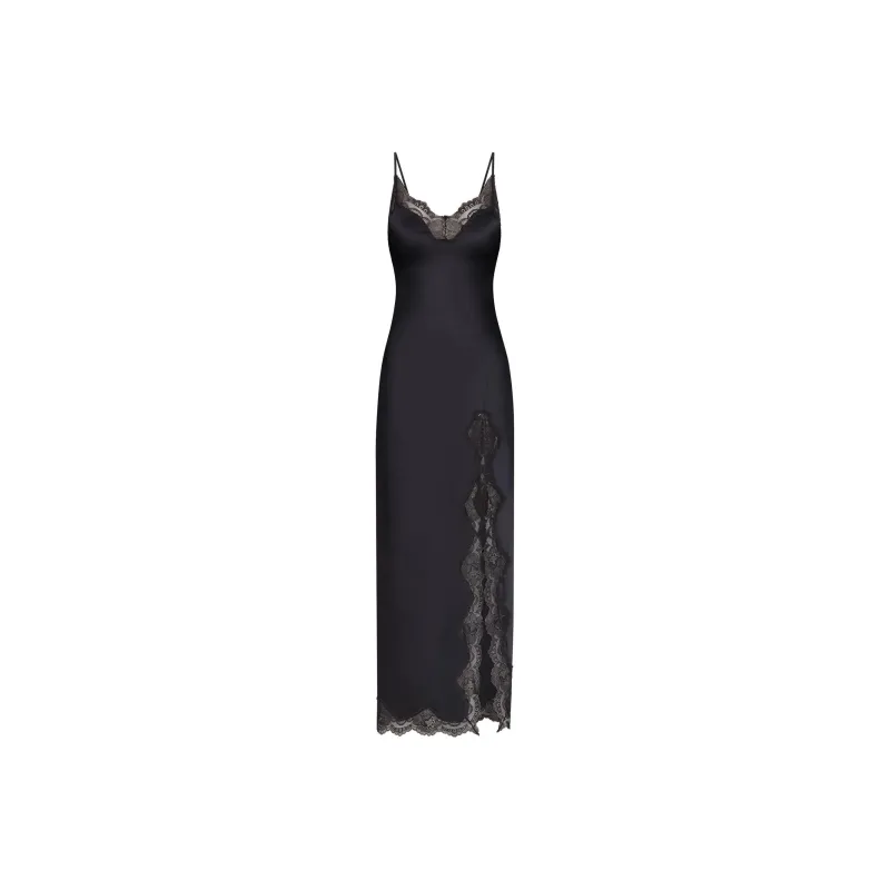 SKIMS WOVEN SHINE LACE LONG DRESS Slip Dresses Women's ONYX/Onyx-0