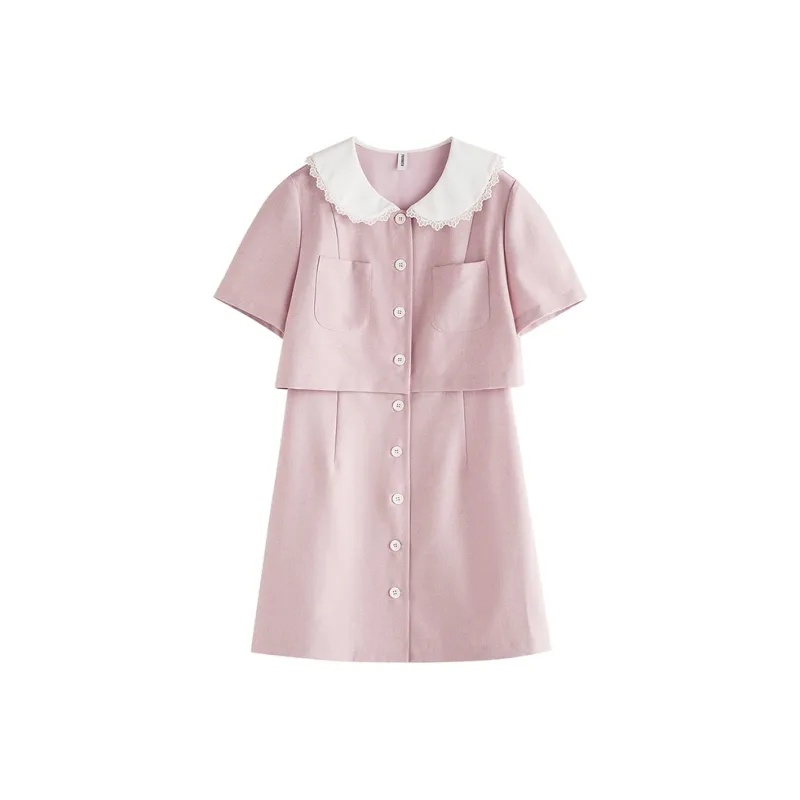Initial Language Short Sleeved Dresses Women's Pink-0