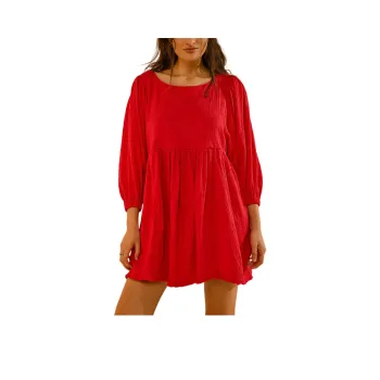 FREE PEOPLE Get Obsessed Babydoll Dress Long-Sleeved Dresses Women's Barbados Cherry Red