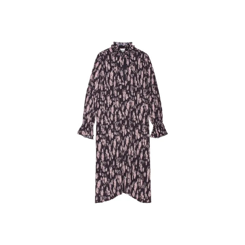 GANNI Floral Printed Pleated Georgette Midi Dress-0