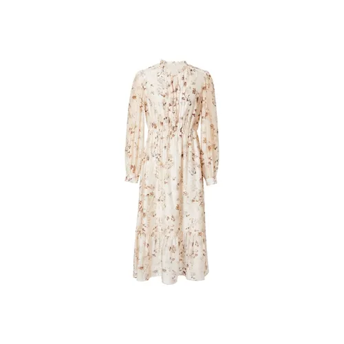 Hopeshow Long-Sleeved Dresses Women's Beige Base With Flowers