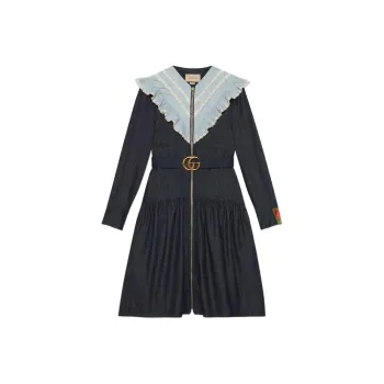GUCCI Ruffle collar Denim Midi Dress