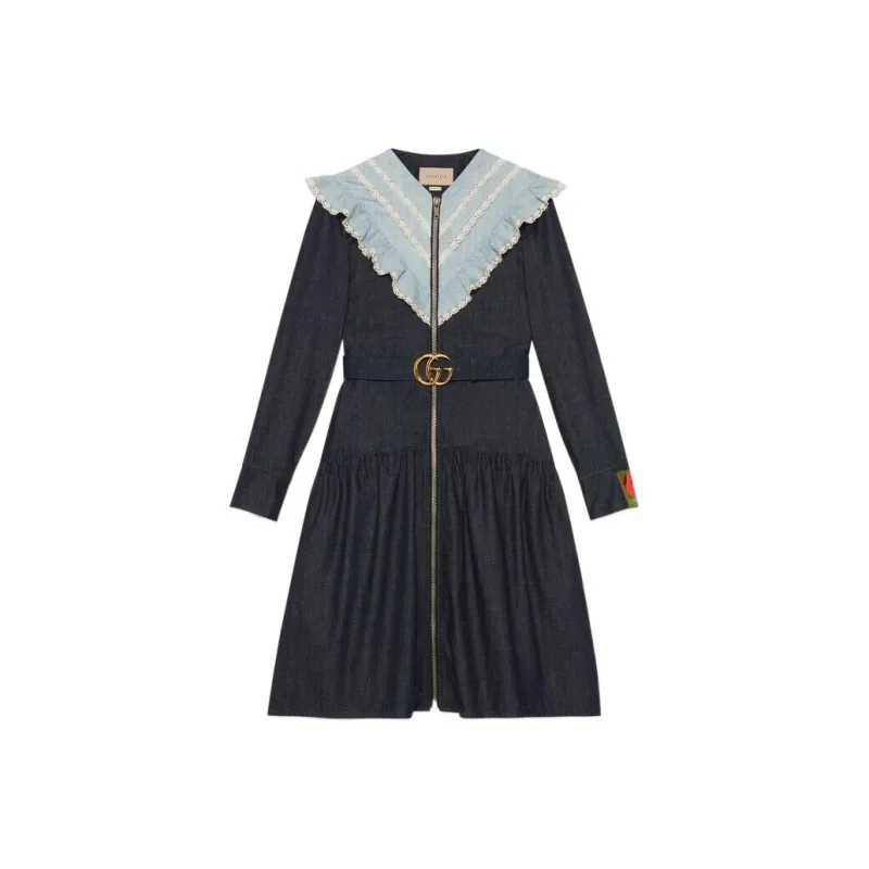 GUCCI Ruffle collar Denim Midi Dress-0